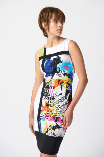 Vestido Beje e Multicolor com Estampado Abstrato